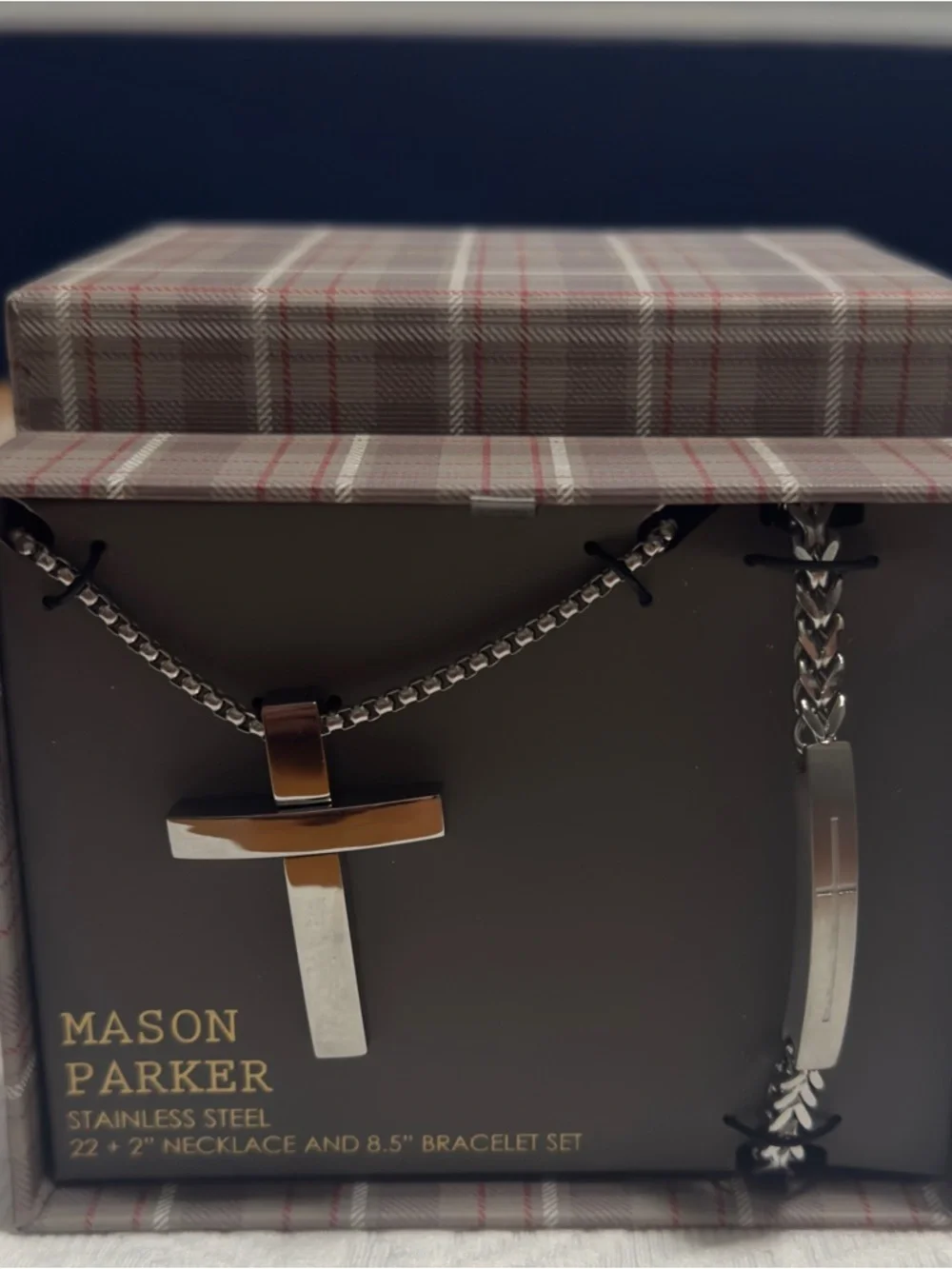 NEW Mason Parker Stainless Steel Men’s Cross Necklace & Bracelet Set